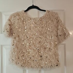 Elegant Cream Feather Sequin Top
